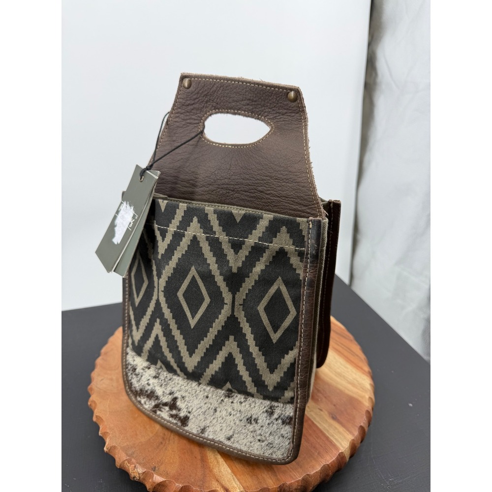 Myra Chevron 6 Pack Beer Caddy OS Brown Olive Upcycled Leather Cowhide S-6414
